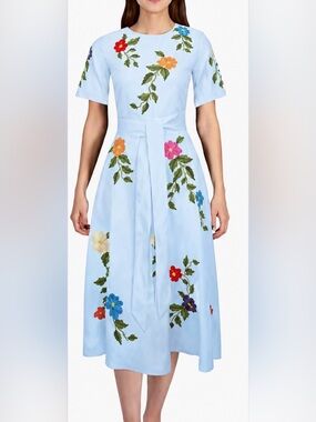 Fanm Mon Jess Floral Embroidered Short Sleeve Belted Midi Dress